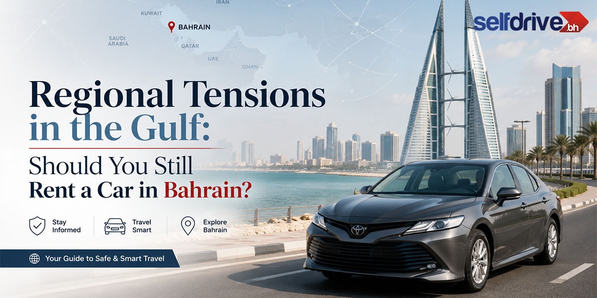 Regional tensions in the Gulf: safe car rental in Bahrain with Toyota Camry and Bahrain skyline by SelfDrive Bahrain.